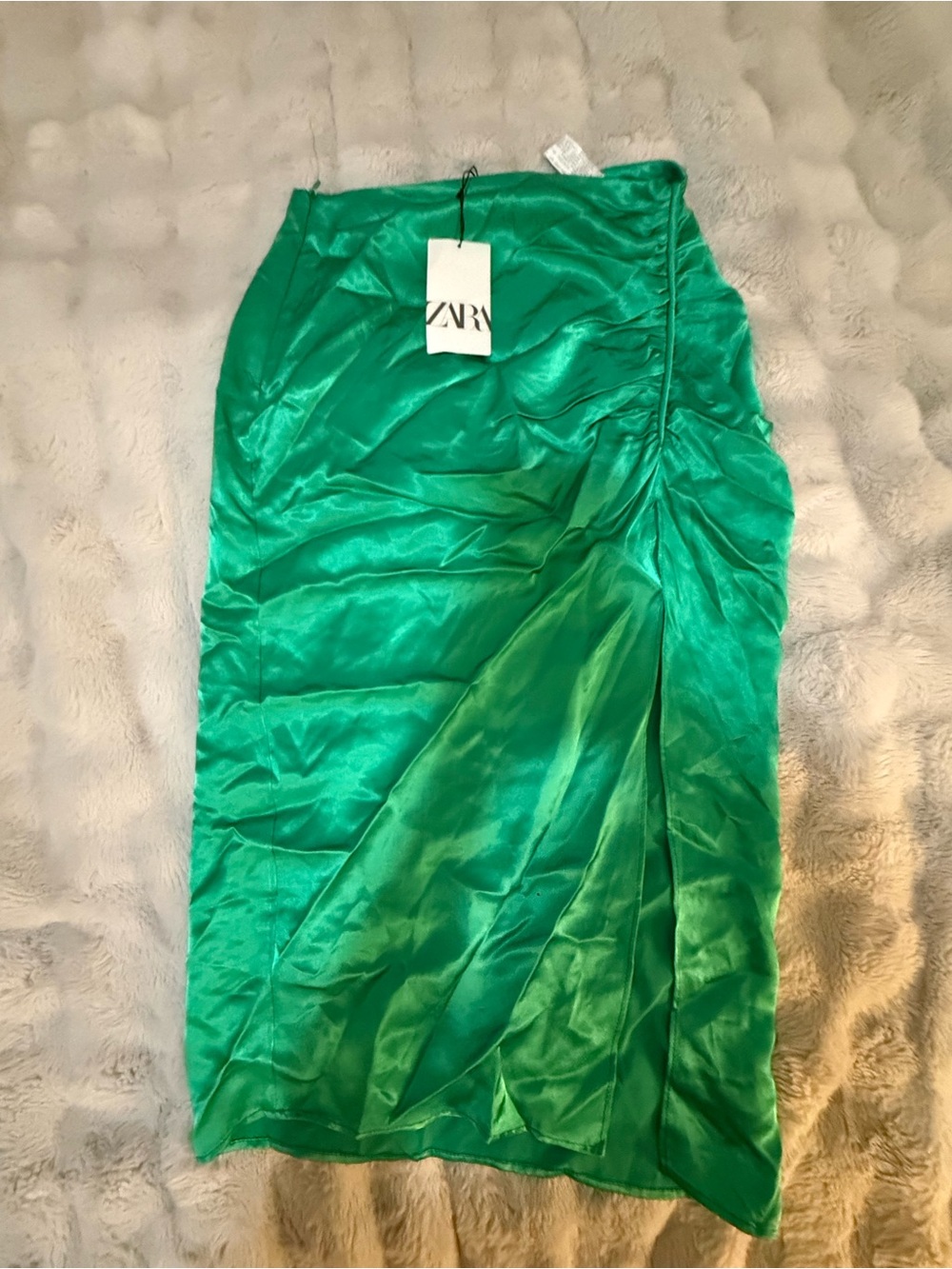 Zara Emerald Satin Ruched Midi Skirt